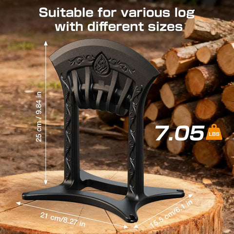 Kindling Splitter For Wood No Axe Needed Manual Cast Iron Log Splitter with size details and logs in background