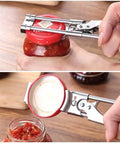 Top view of All In One Adjustable Jar And Can Opener No Fuss Stainless Steel Manual Kitchen Gadget with Jar Lid Gripper in use.