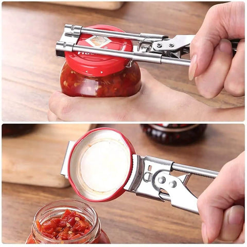Top view of All In One Adjustable Jar And Can Opener No Fuss Stainless Steel Manual Kitchen Gadget with Jar Lid Gripper in use.