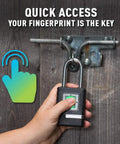 Fingerprint Padlock For Outdoor Use, Heavy Duty Security Lock With Weather Cover on shed door, hand unlocking with fingerprint