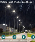 Super Bright LED Parking Lot Light With Dusk-to-Dawn Photocell illuminating wet street at night