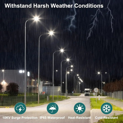 Super Bright LED Parking Lot Light With Dusk-to-Dawn Photocell illuminating wet street at night