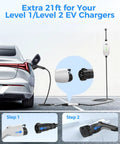 21ft 50Amp J1772 EV Extension Cable For Level 1 And Level 2 Chargers IP66 Weatherproof Power Cord With Storage Bag shown charging EV