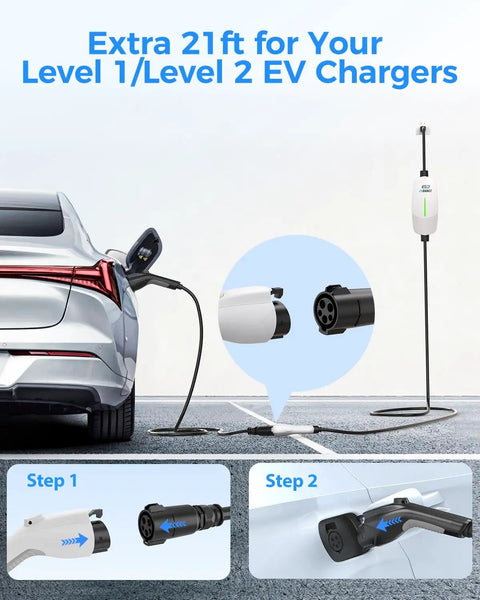 21ft 50Amp J1772 EV Extension Cable For Level 1 And Level 2 Chargers IP66 Weatherproof Power Cord With Storage Bag shown charging EV