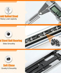 The Real Deal Heavy Duty Soft Close Drawer Slides 22 Inch Full Extension With Hydraulic Damper and Rust Resistant Zinc Plated Finish showcasing cold rolled steel construction and solid steel ball bearings.