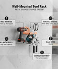 Orange Wall Mounted Tool Rack For Power Tools And Garden Gear Compact Garage Organizer with drills and saws hung horizontally