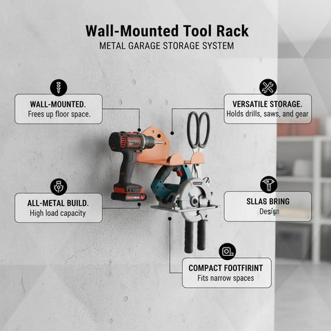 Orange Wall Mounted Tool Rack For Power Tools And Garden Gear Compact Garage Organizer with drills and saws hung horizontally