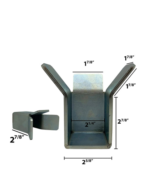 Slide Gate End Retainer and Catch for 2 Inch Wide Heavy Duty Steel Universal Gate Stopper, showing dimensions and open design