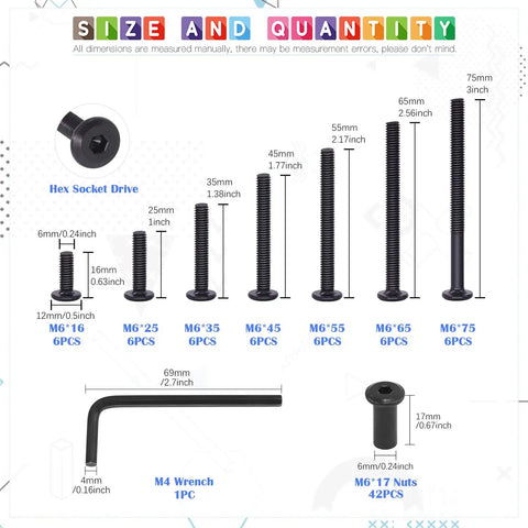 85 Piece Must Have M6 Hex Socket Cap Bolts Kit With 16 25 35 45 55 65 75mm Lengths Countersunk Heads And 42 Barrel Nuts Plus Allen Wrench For Chairs Tables Cabinets Furniture Black Hardware