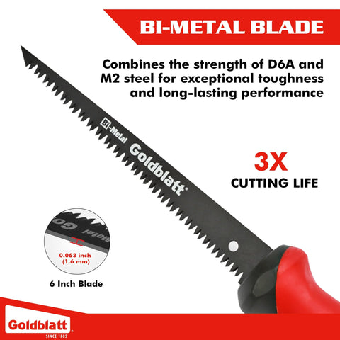 Goldblatt drywall saw with 6-inch bi-metal blade and red soft-grip handle, front view