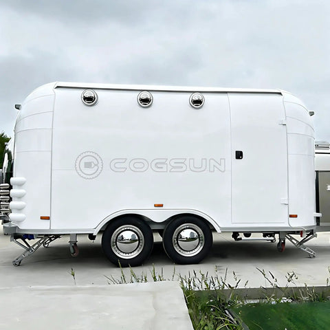 Premium Fully Equipped Food Trailer With Complete Mobile Kitchen Setup designed for street vendors, featuring a sleek white exterior.