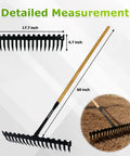 Heavy Duty Dual Mode Garden Rake With 60 Inch Wooden Handle And 17-Tine Bow Rake displayed with measurements