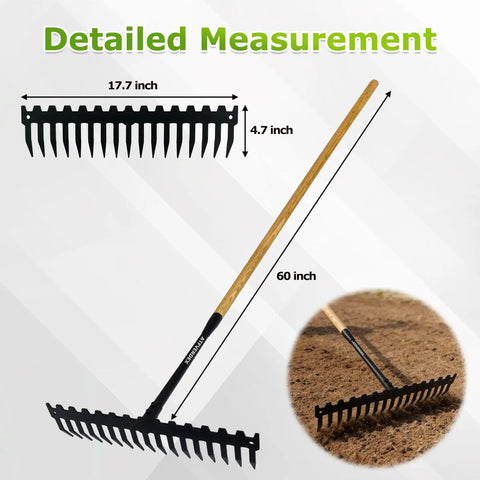 Heavy Duty Dual Mode Garden Rake With 60 Inch Wooden Handle And 17-Tine Bow Rake displayed with measurements