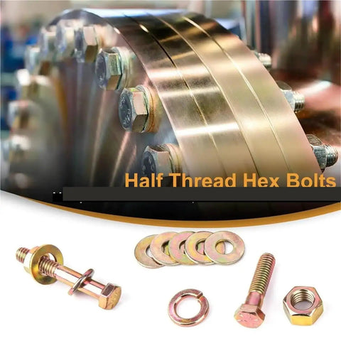 Heavy Duty Metric Hex Bolts Kit With Nuts And Washers 1060 Piece Industrial Fastener Set Built For DIY Projects And Auto Shop Use All In One For Quick Fixes And Durable Threaded Connections, half-thread bolts and washers close-up