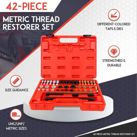42 Piece Thread Restorer Kit with Taps Dies and Rethread Files in red case, 19 taps, 21 dies, 2 SAE files visible, UNC UNF Metric sizes.