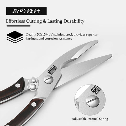 Heavy Duty Kitchen Scissors For Poultry And Bones Ultra Sharp Stainless Steel Shears With Comfortable Grip Boss Grade Performance Great For Herbs Poultry Crusts And Everyday Kitchen Prep Beast Mode Tool That Easily Cuts Through Tough Meat. 5Cr15MoV stainless steel kitchen scissors with wood handle and adjustable spring