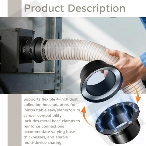 Magnetic Dust Collector System For 4 Inch Woodworking Shop Vacuums With hose connected to equipment and view of couplers.