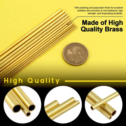 Pro Grade Brass Tube Kit Round Brass Tubes Set 6 Sizes 1mm To 3.5mm OD 0.2mm Wall 300mm Length 12 Pieces shown with coin
