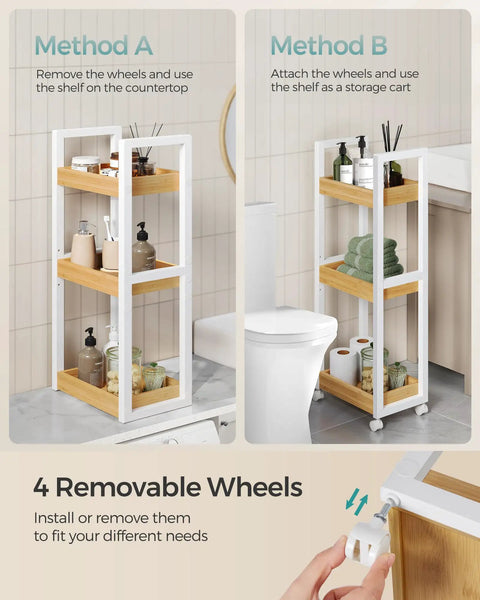 Ultra Slim Bamboo Rolling Cart With Three Adjustable Shelves Super Handy For Tiny Bathrooms And Narrow Passages Cool Spot For Showing Potted Greenery Or Stashing Shower Supplies Smooth Gliding Base With Locked Wheels Manages Serious Weight Without A Sweat