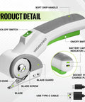 WorkPro Cordless Electric Scissors Rechargeable Power Rotary Cutter showing ergonomic handle, on/off switch, and blade details.