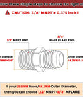 Diagram of One Half Inch NPT To Three Eighth Inch Male Flare Brass Hex Nipples Hose Connectors for proper sizing