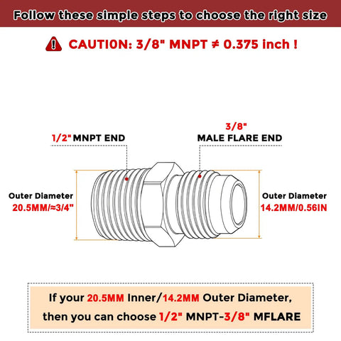 Diagram of One Half Inch NPT To Three Eighth Inch Male Flare Brass Hex Nipples Hose Connectors for proper sizing