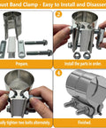 Step-by-step guide for 2.5 Inch Exhaust Clamp Set Built Tough From 304 Stainless Steel Lap Joint Band Clamps assembly process.