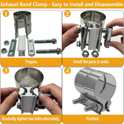 Step-by-step guide for 2.5 Inch Exhaust Clamp Set Built Tough From 304 Stainless Steel Lap Joint Band Clamps assembly process.