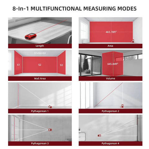 Portable Laser Tape Measure With 98 Ft Range And 8 In 1 Modes For Length Area Volume And Pythagorean Calculations IP65 Waterproof Rechargeable Real Time Laser Measurement Tool showing 8 measuring modes