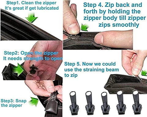 Guide showing installation steps for Instant Zipper Repair Kit 12 Piece Zip Slider Replacement Set With Nylon And Alloy Pulleys For Clothes.