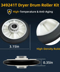 349241T drum roller detail featuring high-density rubber and dimensions, part of Upgraded Dryer Repair Kit With 341241 Belt