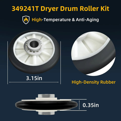 349241T drum roller detail featuring high-density rubber and dimensions, part of Upgraded Dryer Repair Kit With 341241 Belt