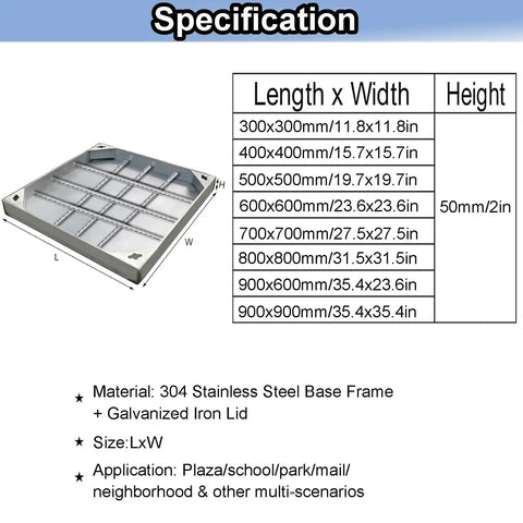Diagram of Stainless Steel Hidden Manhole Cover And Frame For Outdoor Drainage with multiple size options.