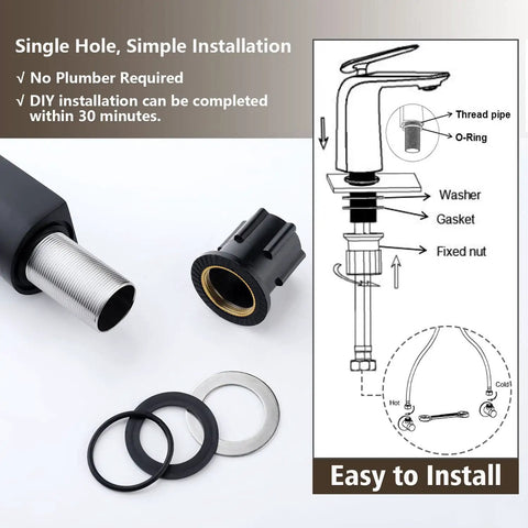 Matte Black Bathroom Sink Faucet With Single Handle, Deck Mount 1 Hole, brass parts and installation guide diagram