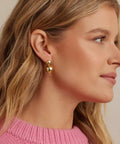 Gold Double Ball Drop Earrings For Women Round Ball Bead Dangle Studs Trendy Jewelry Must Have Hypoallergenic Lightweight Everyday Wear Gift Idea Classic Yet Modern Gold Tone Accessories on model