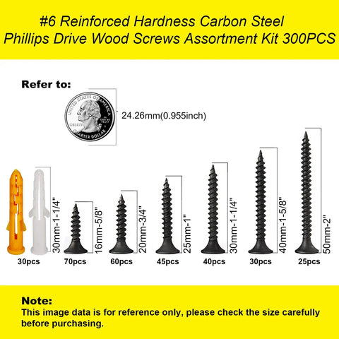 Road-Ready 6 Wood And Drywall Screw Kit With 300 Pieces, assorted sizes of black oxide coated screws for DIY projects.
