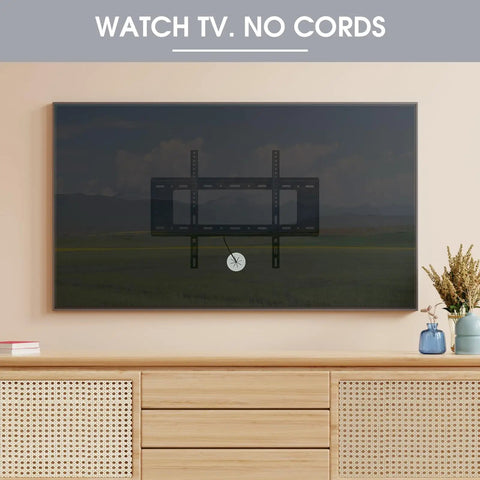Wall-mounted TV setup with no visible cords, featuring 2 Inch Desk Grommet Cable Management 2 Pack White Cord Hider For Wall Mounted TV Desk