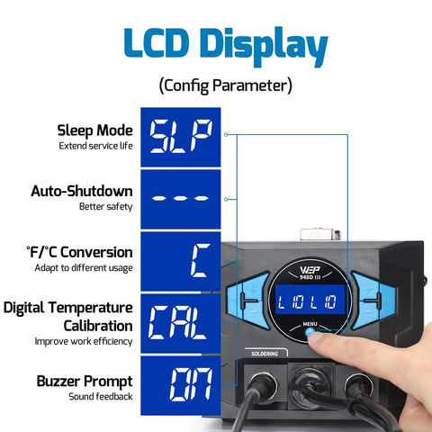 LCD display of Upgraded 2 In 1 ESD Safe Soldering Desoldering Station with menu settings, showing sleep mode and auto shutdown