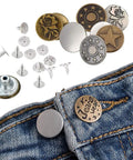 80 Piece Jeans Button Kit With 17mm Metal Snaps In 8 Styles Replacement Set For Jeans shown with denim fabric and buttons.