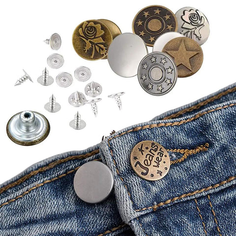 80 Piece Jeans Button Kit With 17mm Metal Snaps In 8 Styles Replacement Set For Jeans shown with denim fabric and buttons.
