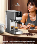 20 Bar Espresso Coffee Maker Delivering Smooth Barista Shots At Home With Fast Hot Cold Brew Options Built In Frother Intuitive Touch Controls Compact Setup For No Fuss Lattes And Everyday Coffee Vibes, showing iced coffee preparation.