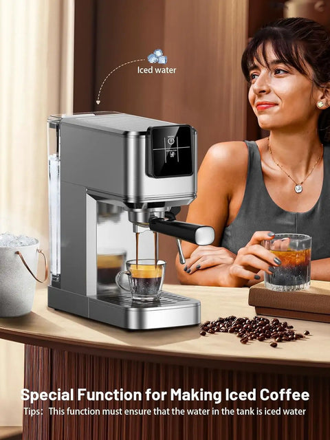 20 Bar Espresso Coffee Maker Delivering Smooth Barista Shots At Home With Fast Hot Cold Brew Options Built In Frother Intuitive Touch Controls Compact Setup For No Fuss Lattes And Everyday Coffee Vibes, showing iced coffee preparation.