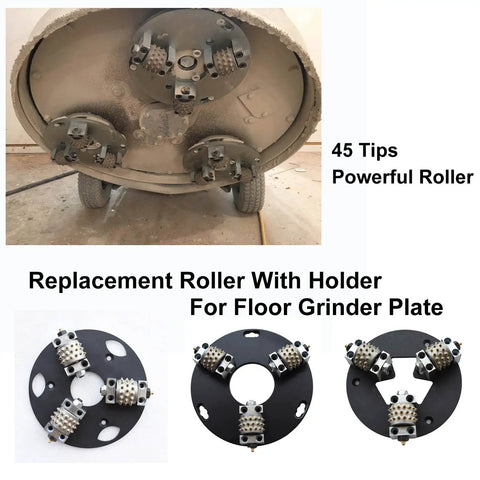 Beefed-Up 45 Pin Bush Hammer Replacement Heavy-Duty Roller for floor grinders, shown installed, with 45 carbide pins.