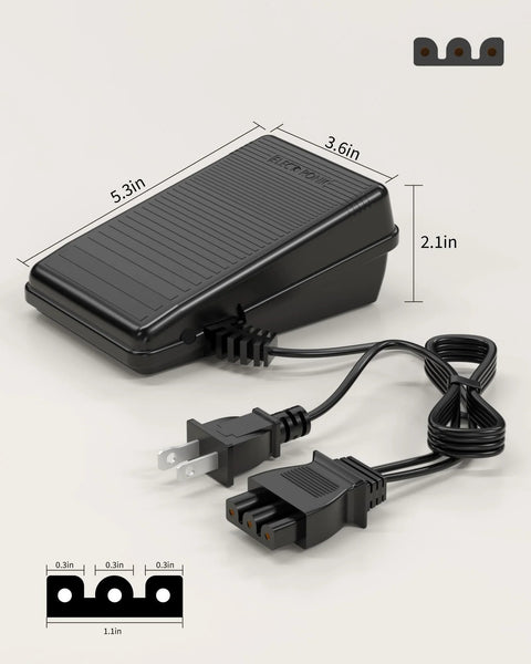 Angled front view of black foot pedal power cord replacement for Singer sewing machines with D-shaped plug