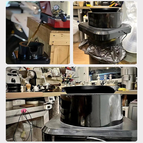 Effortless Electric Portafilter Cleaner Ditches The Messy Scrub And Kicks Out Stale Coffee Grounds In Seconds view of the product on a kitchen counter.