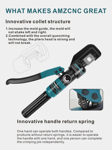 Heavy Duty 10 Ton Hydraulic Battery Cable Crimper With One Hand Operation, shown in close-up highlighting collet and handle features