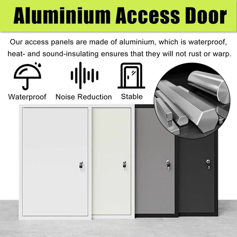 Heavy Duty Aluminum Lockable Drywall Access Panel With Slick Flush Mount Design Custom White Finish Rustproof Build Quick DIY Setup No Sweat Smooth Action Secure Locking System, featuring three door styles.
