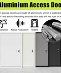Heavy Duty Aluminum Lockable Drywall Access Panel Slick Black Flush Mount Wall Hatch Rustproof Hidden Door Cover shown in three colors.