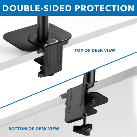 Built Tough Steel Monitor Mount Reinforcement Plate showing top and bottom views attached to thin desk, designed to prevent cracks.