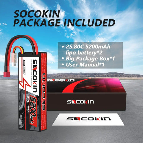 2S 7.4V 5200mAh 80C LiPo Battery With Hard Case T Plug For RC Cars Boats Drones Planes And Trucks packaging
